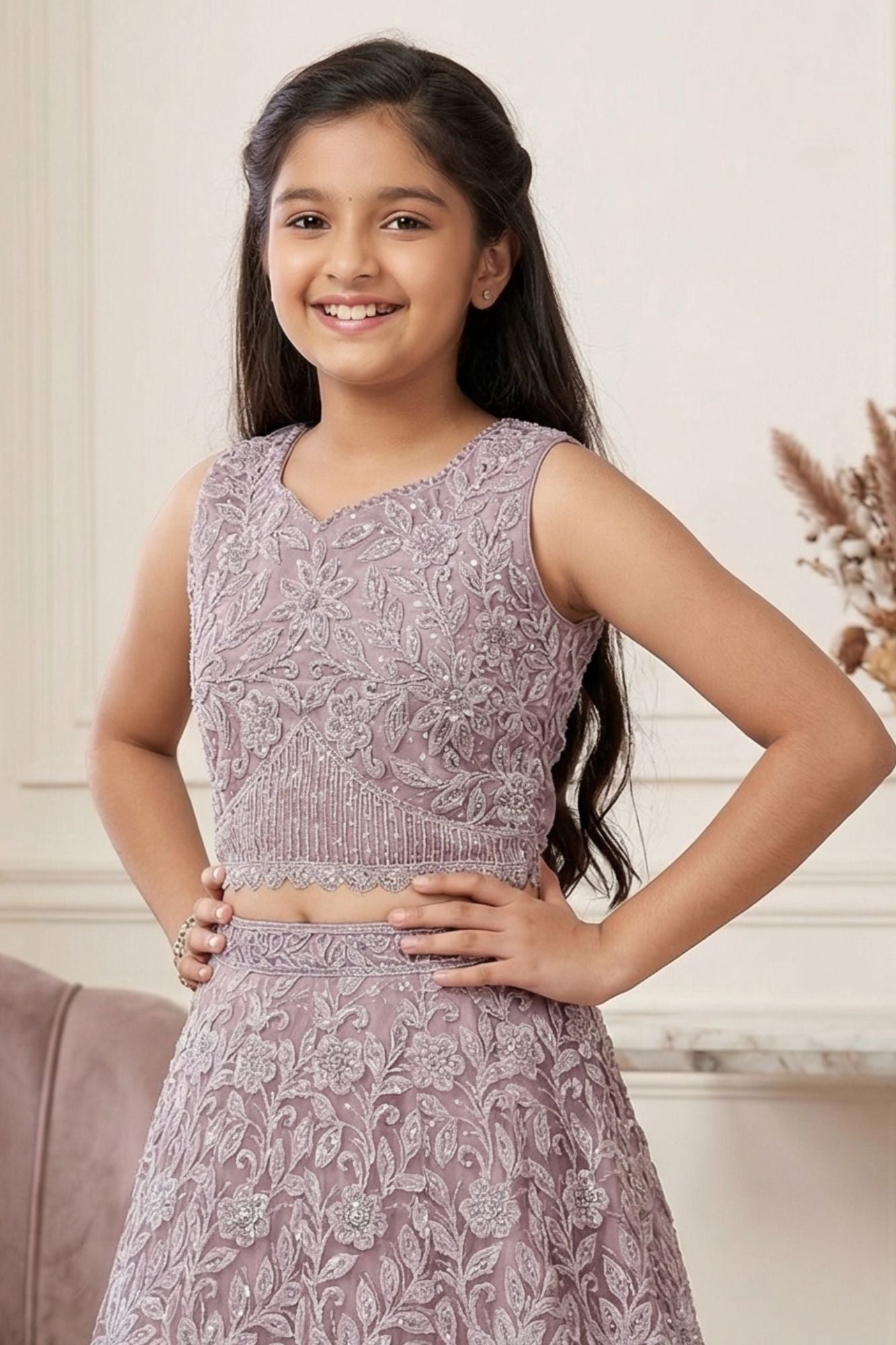 Onion Pink Embroidered Lehenga Choli with Sequin Work for Girls