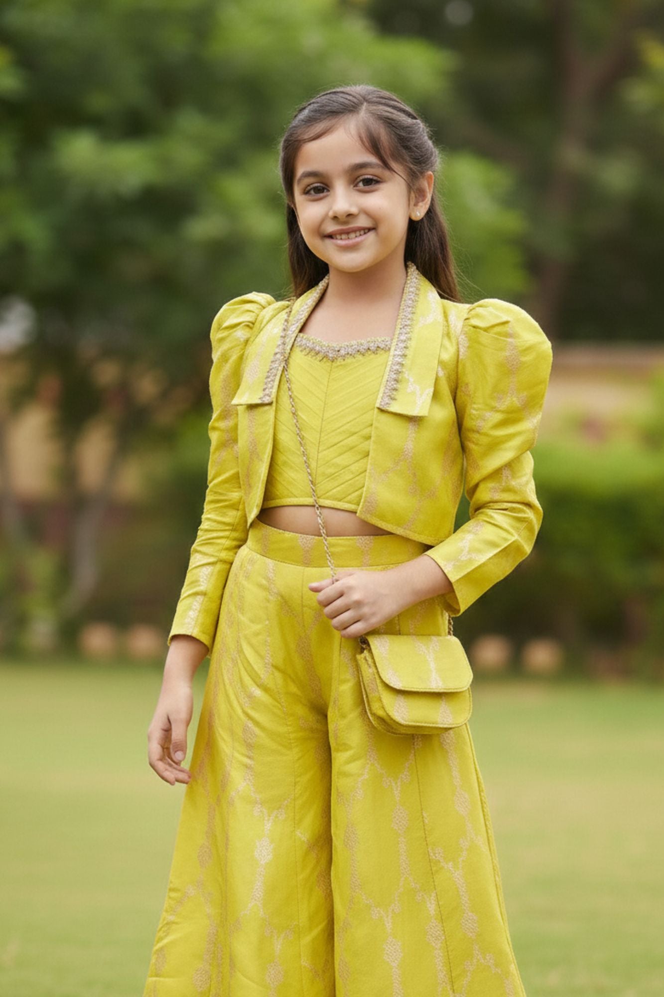 Lime Yellow Embroidered Top And Palazzo Set With Jacket For Girls