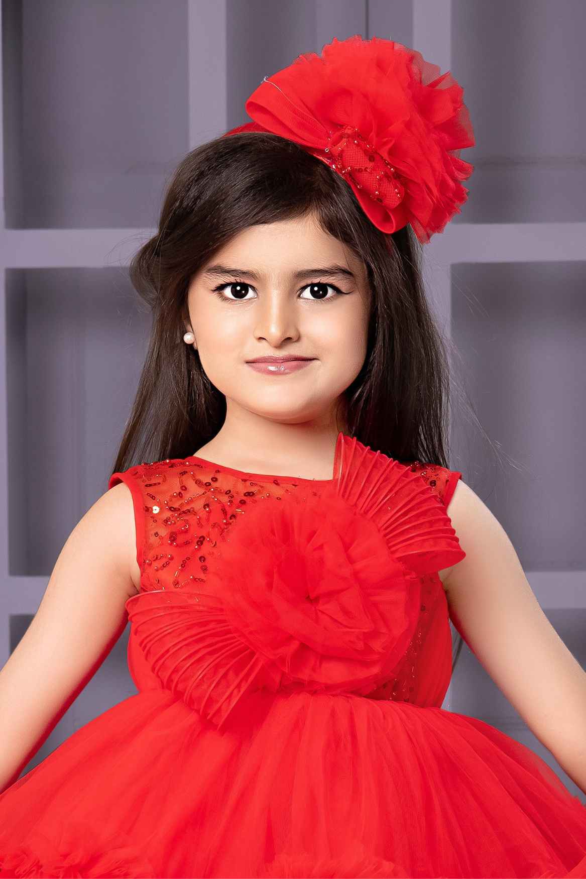 Red Ruffled Flower Party Frock For Girls