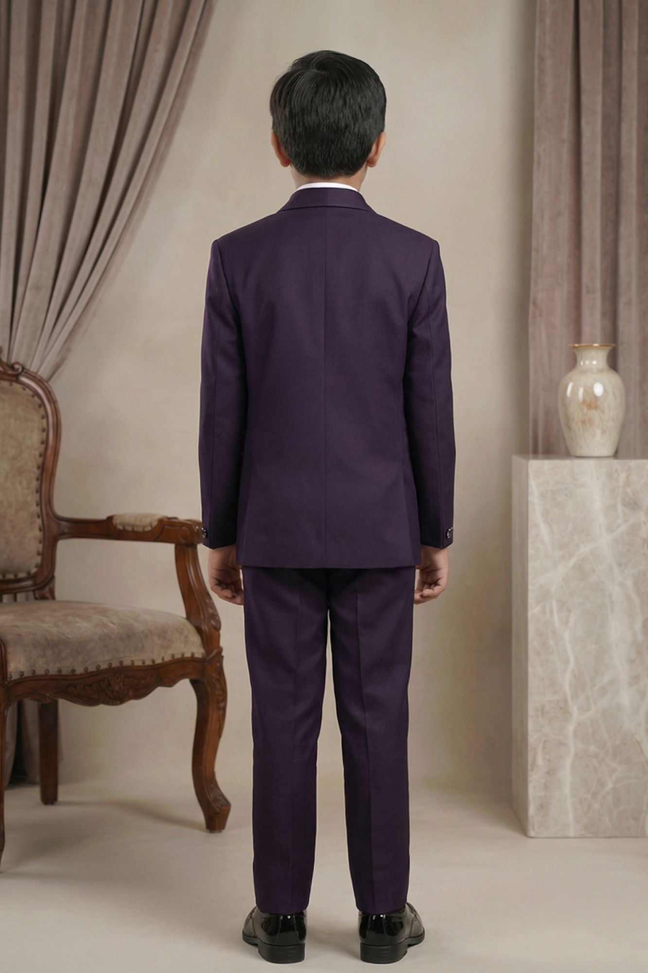 Purple Embroidered 5-Piece Suit Set For Boys