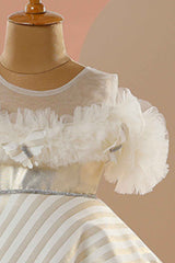 White Ruffled Frock With Golden Stripes For Girls