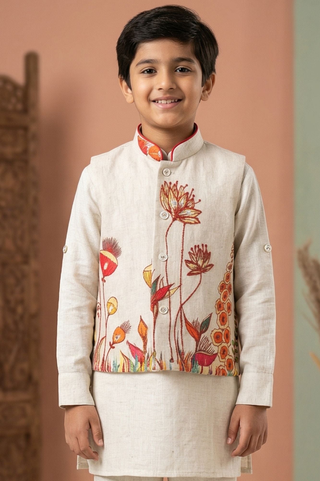 Boys Beige Kurta Pajama Set with Floral Printed Nehru Jacket