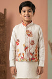 Boys Beige Kurta Pajama Set with Floral Printed Nehru Jacket