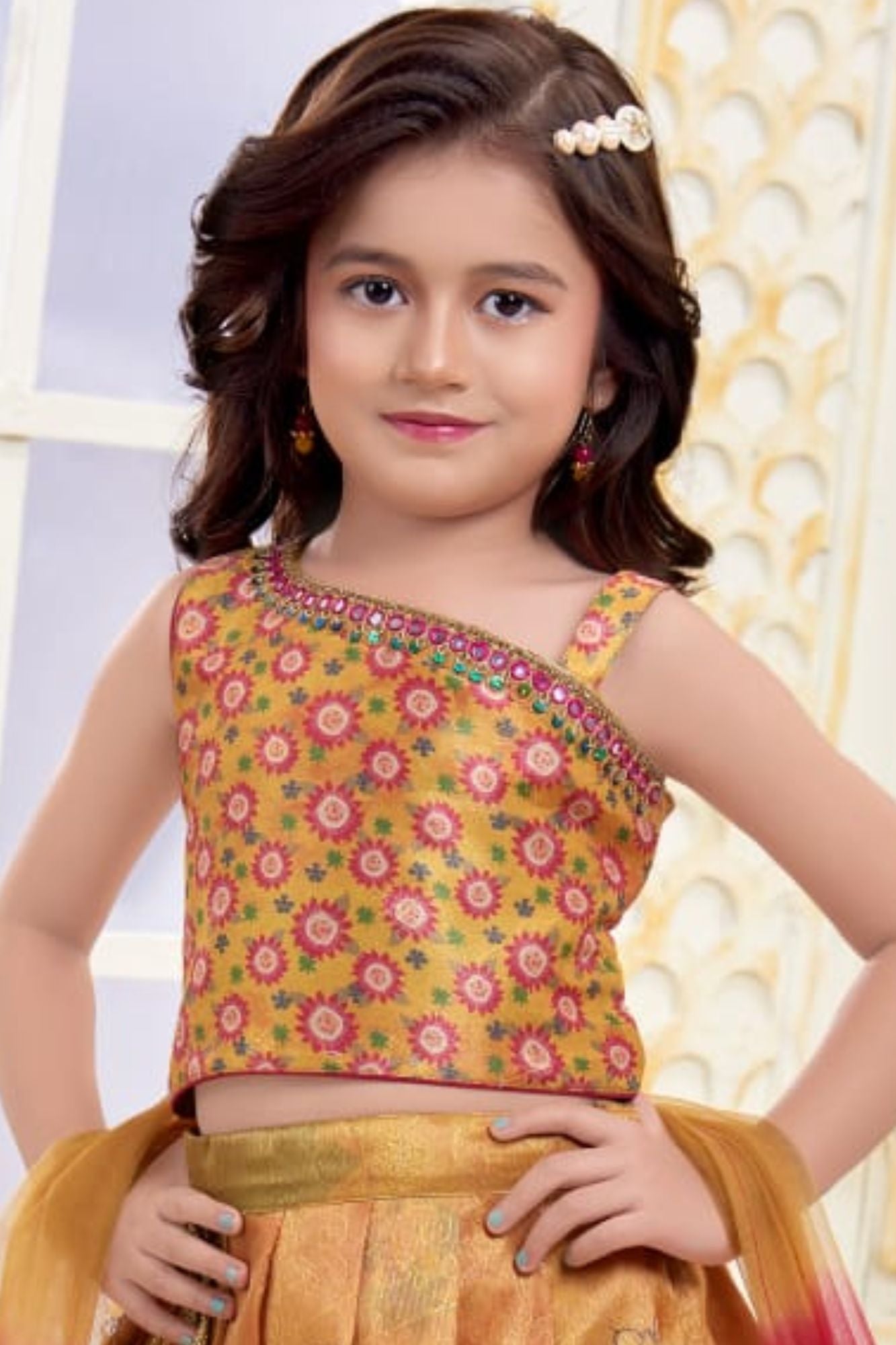 Golden Yellow With Multicolor Floral Motif Lehenga Choli Set for Girls