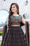 Black and Green Printed Crop Top with Pleated Lehenga and Dupatta For Girls