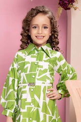 Green And Off White Abstract Printed Casual Dress For Girls