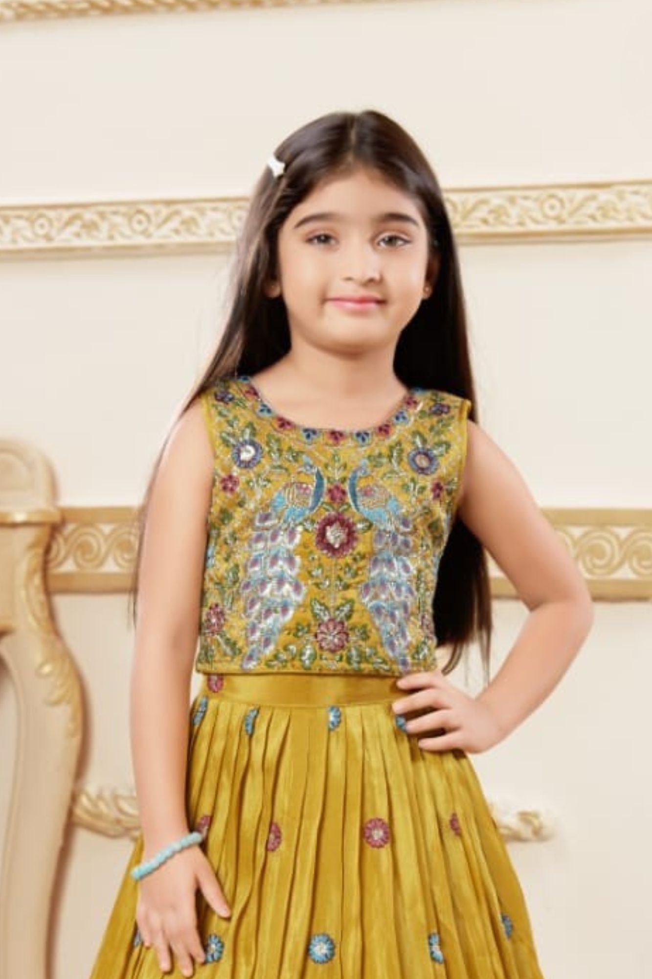 Yellow Embroidered  Lehenga Choli with Regal Peacock Motifs For Girls