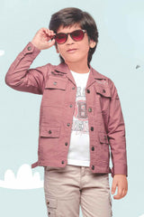 Onion Pink Overcoat With White Shirt And Pant Set For Boys