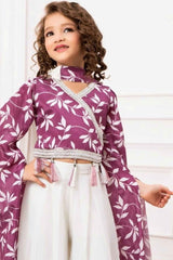 Onion Pink Printed And Sequin Top And White Palazzo Set  For Girls