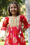 Red Floral Printed Sharara Set with Embroidered Yoke and Tassel Tie-Ups For Girls