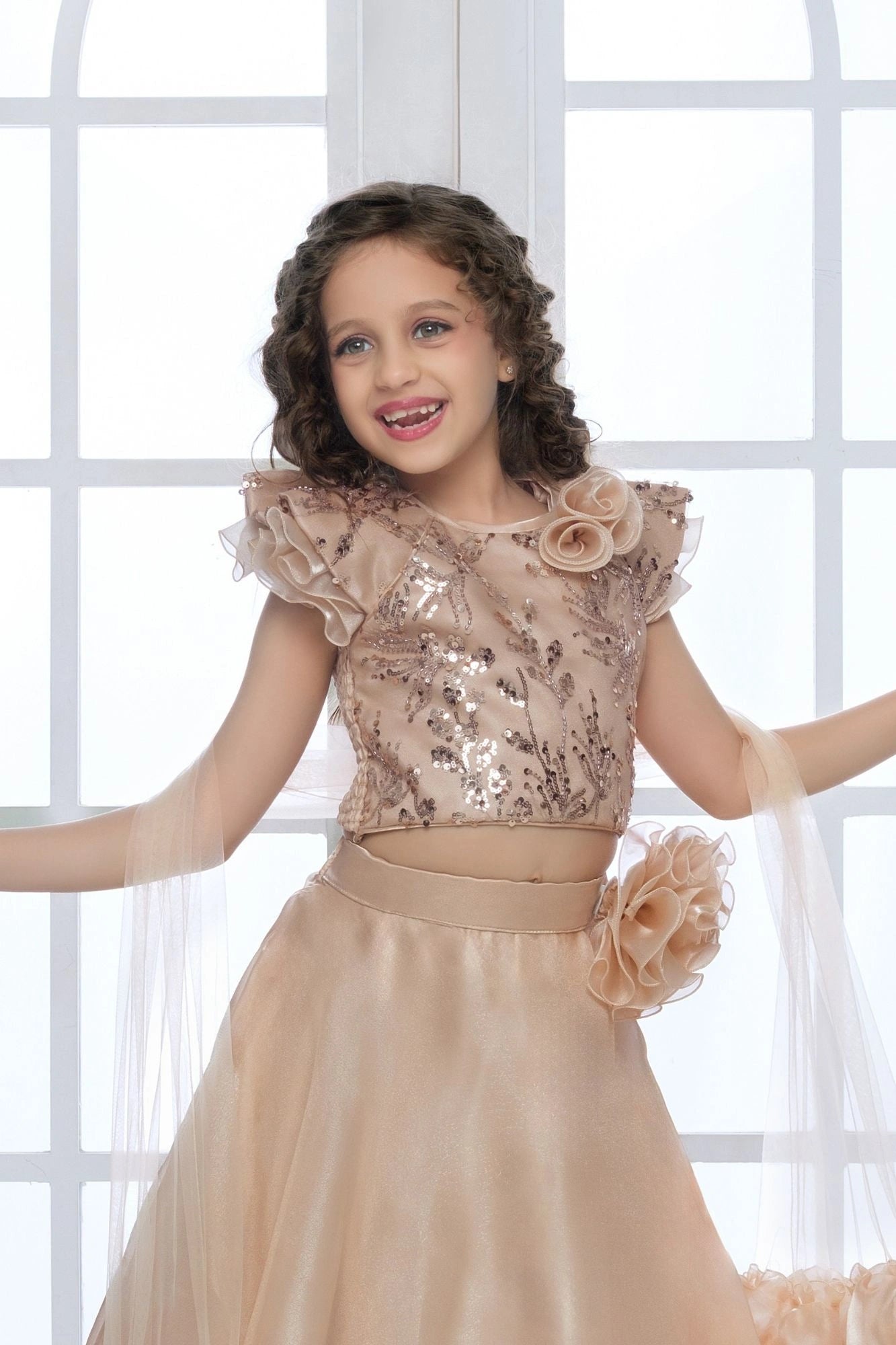 Golden Sequins Embroidered with 3D Floral Appliques Lehenga Set For Girls