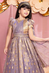 Ethnic Purple Brocade Gown With Sequin Embroidery For Girls