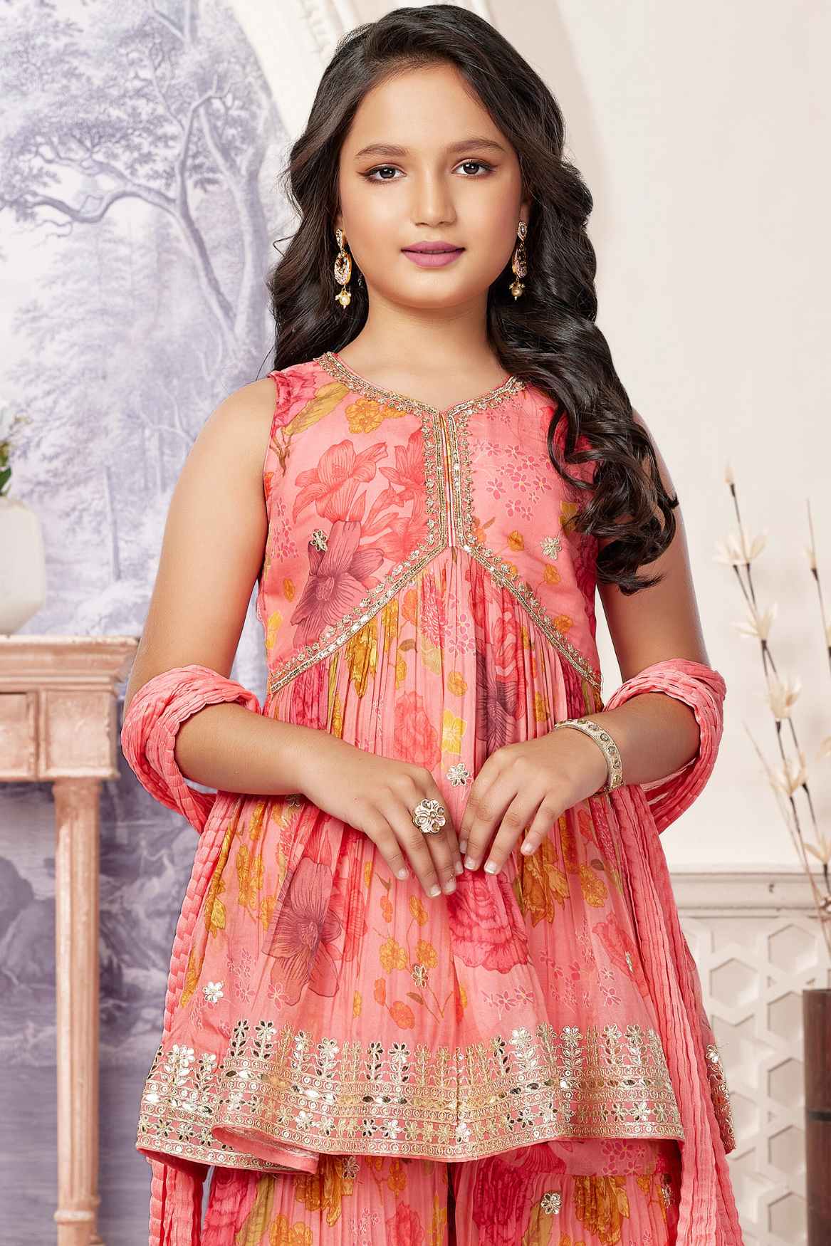 Peach Sleeveless And Sequins Embroidery With Floral Printed Sharara Set For Girls