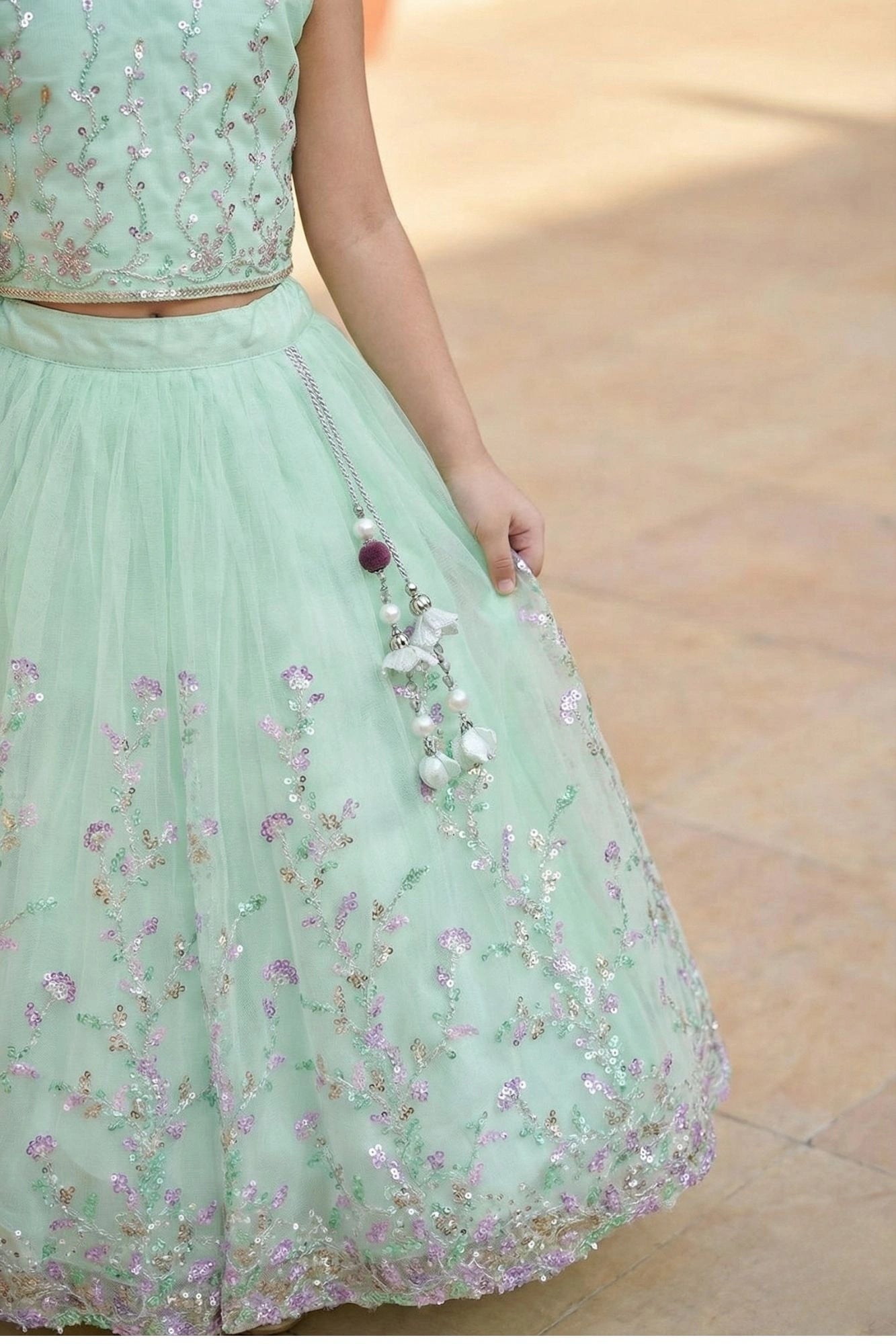 Mint Green Sequins Embroidered Lehenga Choli Set For Girls