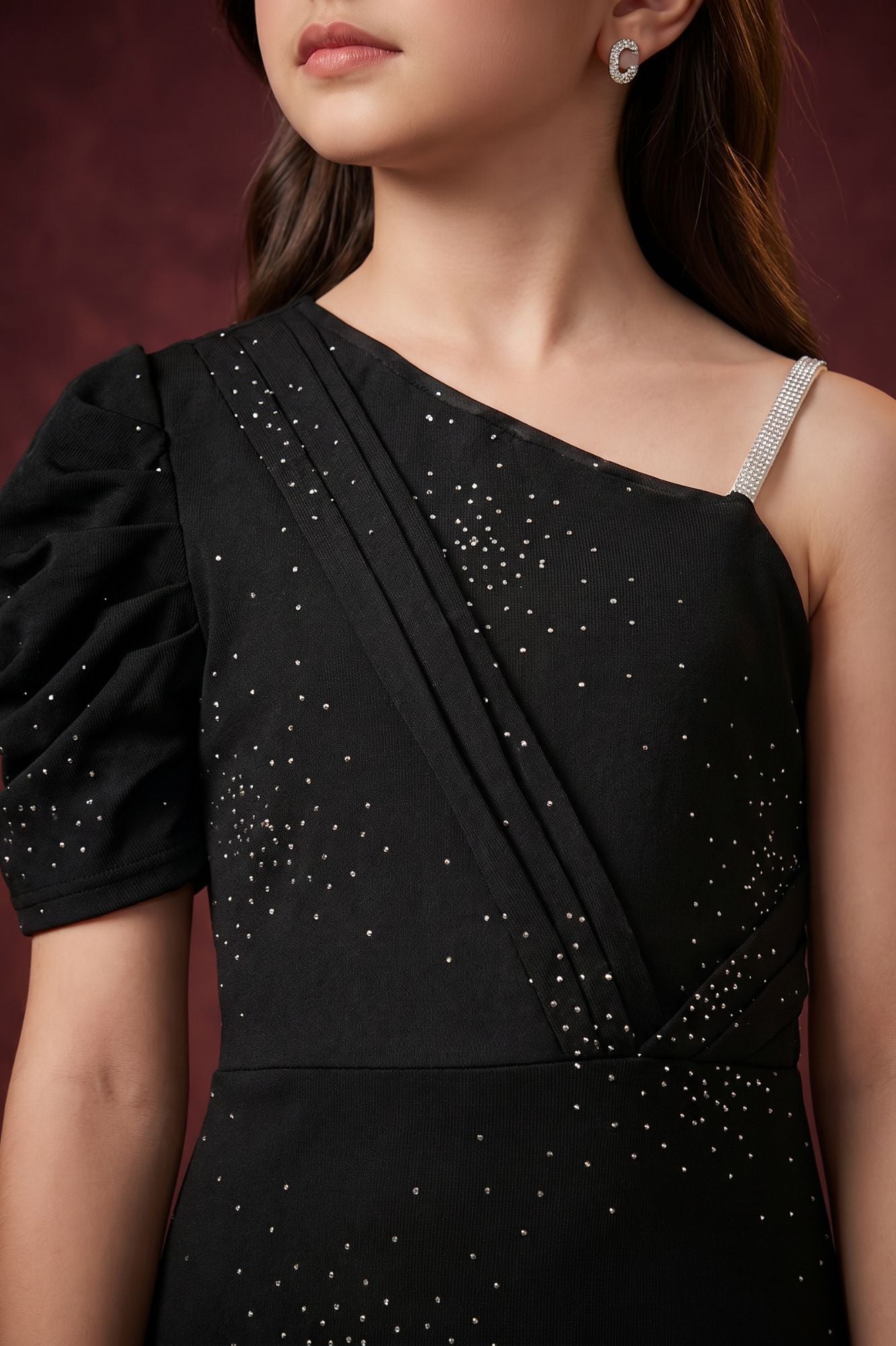 Girls Black One Shoulder Embellished Party Gown