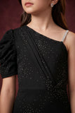 Girls Black One Shoulder Embellished Party Gown