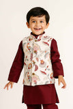 Maroon Kurta Set With Cream Floral Printed And Thread Work Jacket For Boys