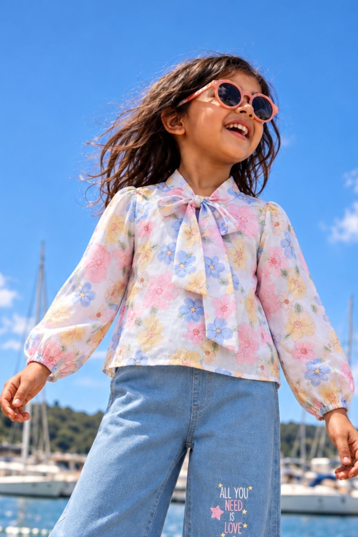 Floral Top with Wide-Leg Denim Jeans Set For Girls
