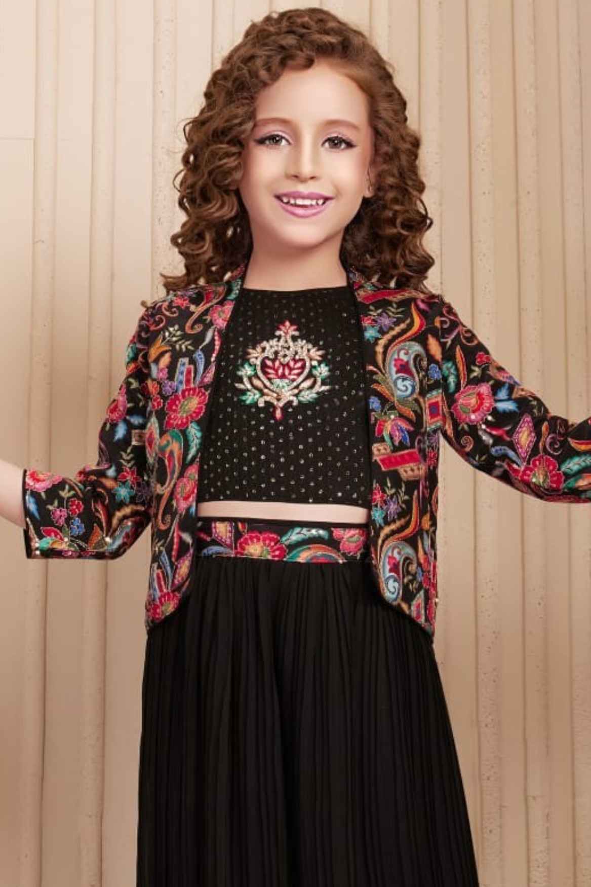 Black Sequin And Embroidery Palazzo Set With Overcoat For Girls