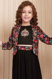 Black Sequin And Embroidery Palazzo Set With Overcoat For Girls