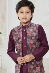 Wine Full Sleeves Kurta With Floral Print And Sequin Embroidered Waist Coat Set For Boys