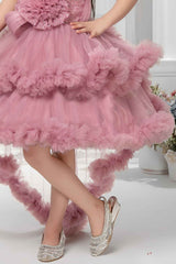 Onion Pink Sleeveless And Sequins Work With Floral Embellished Tail Back Frock For Girls