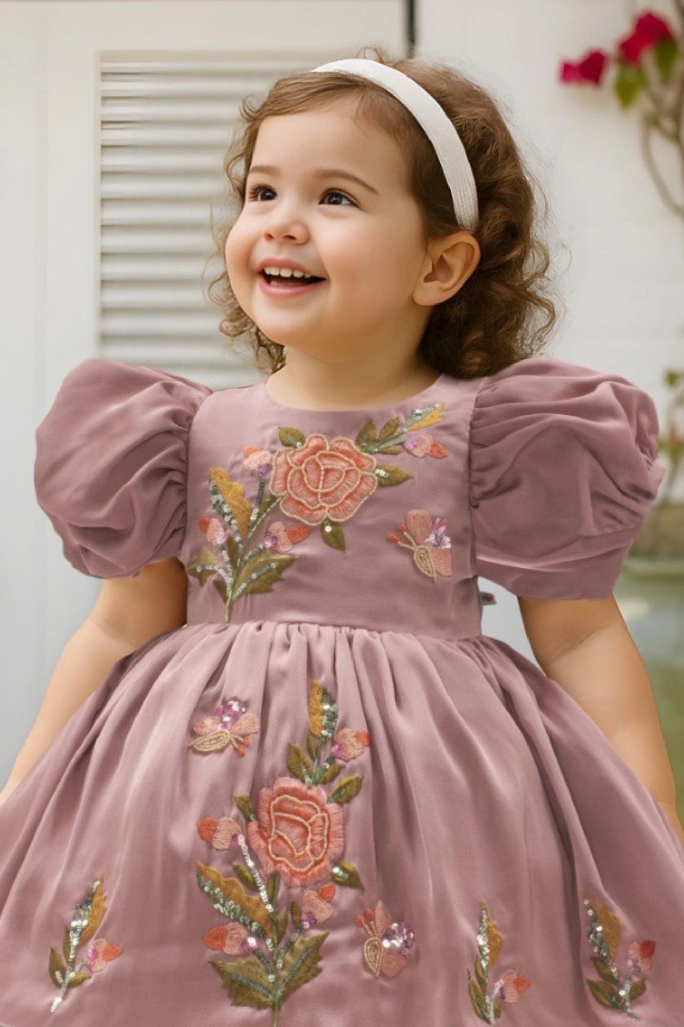 Mauve Puff Sleeve Embroidered Party Frock For Girls