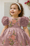 Mauve Puff Sleeve Embroidered Party Frock For Girls