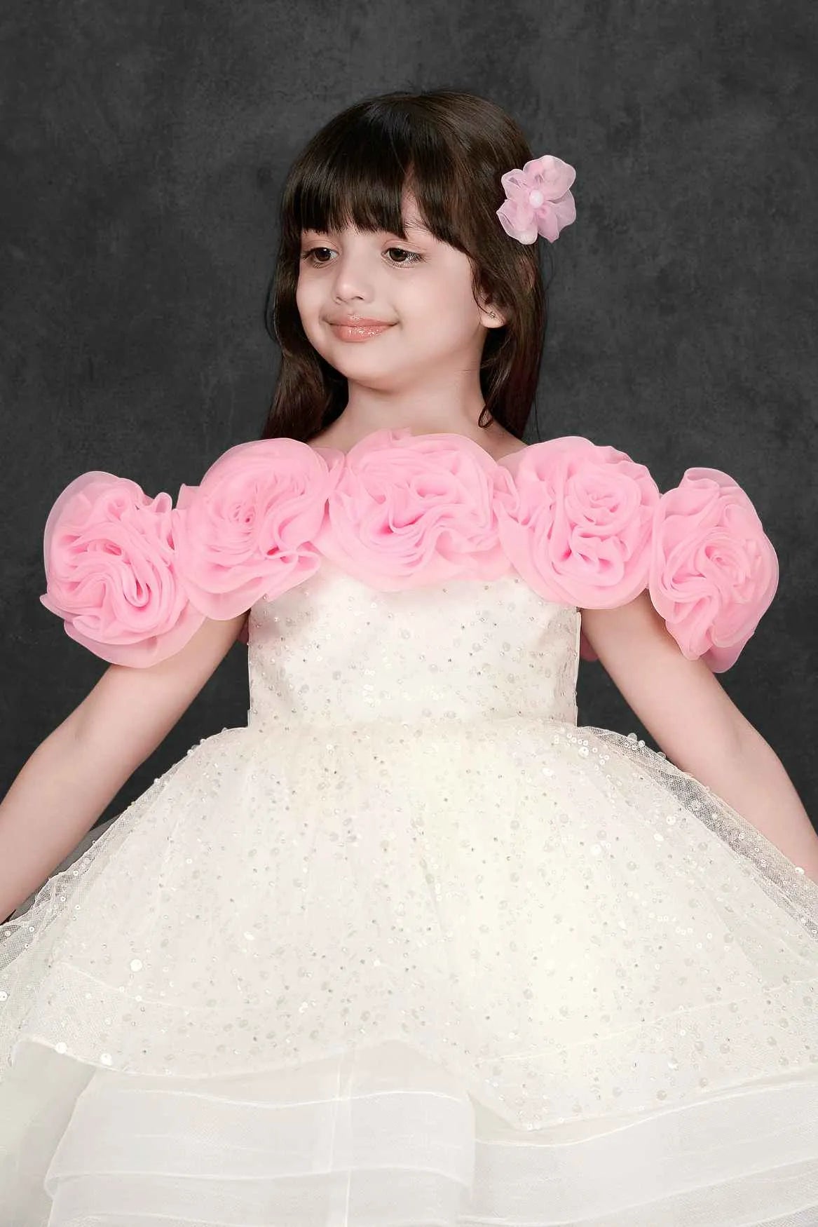 White and Pink Floral Ruffled And Sequins Worked Party Frock for Girls