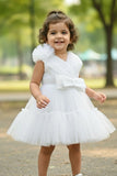 White Tulle Party Wear Frock with Oversized Bow For Girls