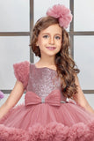 Dusty Pink Sequin High-Low Party Dress with Layered Ruffle Hem For Girls
