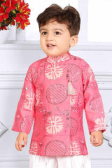 Peach Full Sleeves And Sequins Work With Printed Kurta Set For Boys