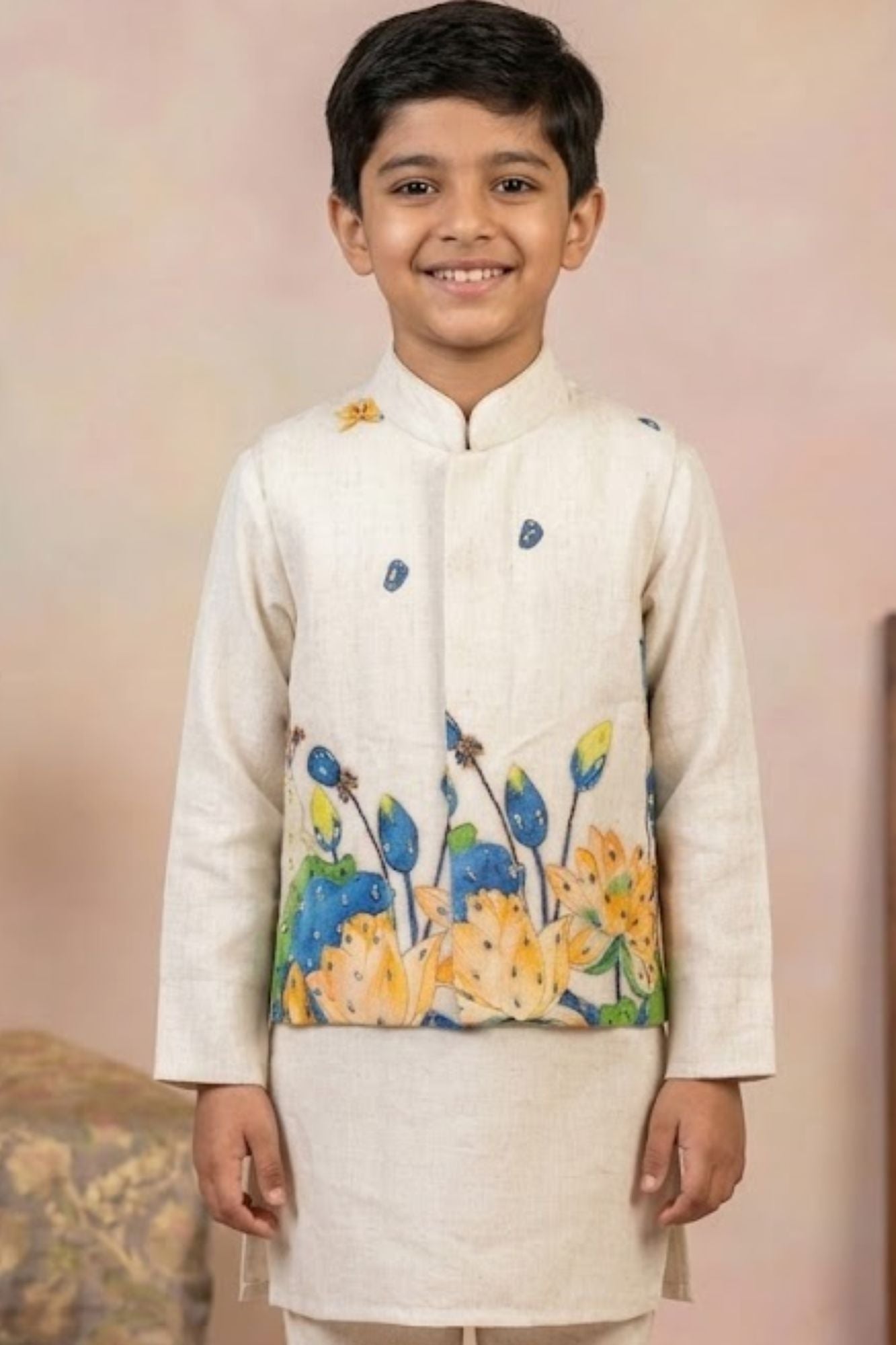 Ivory Kurta Pyjama Set with Floral Printed Nehru Jacket For Boys