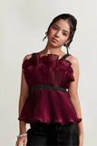 Metallic Maroon  Pleated Top with Pants For Girls