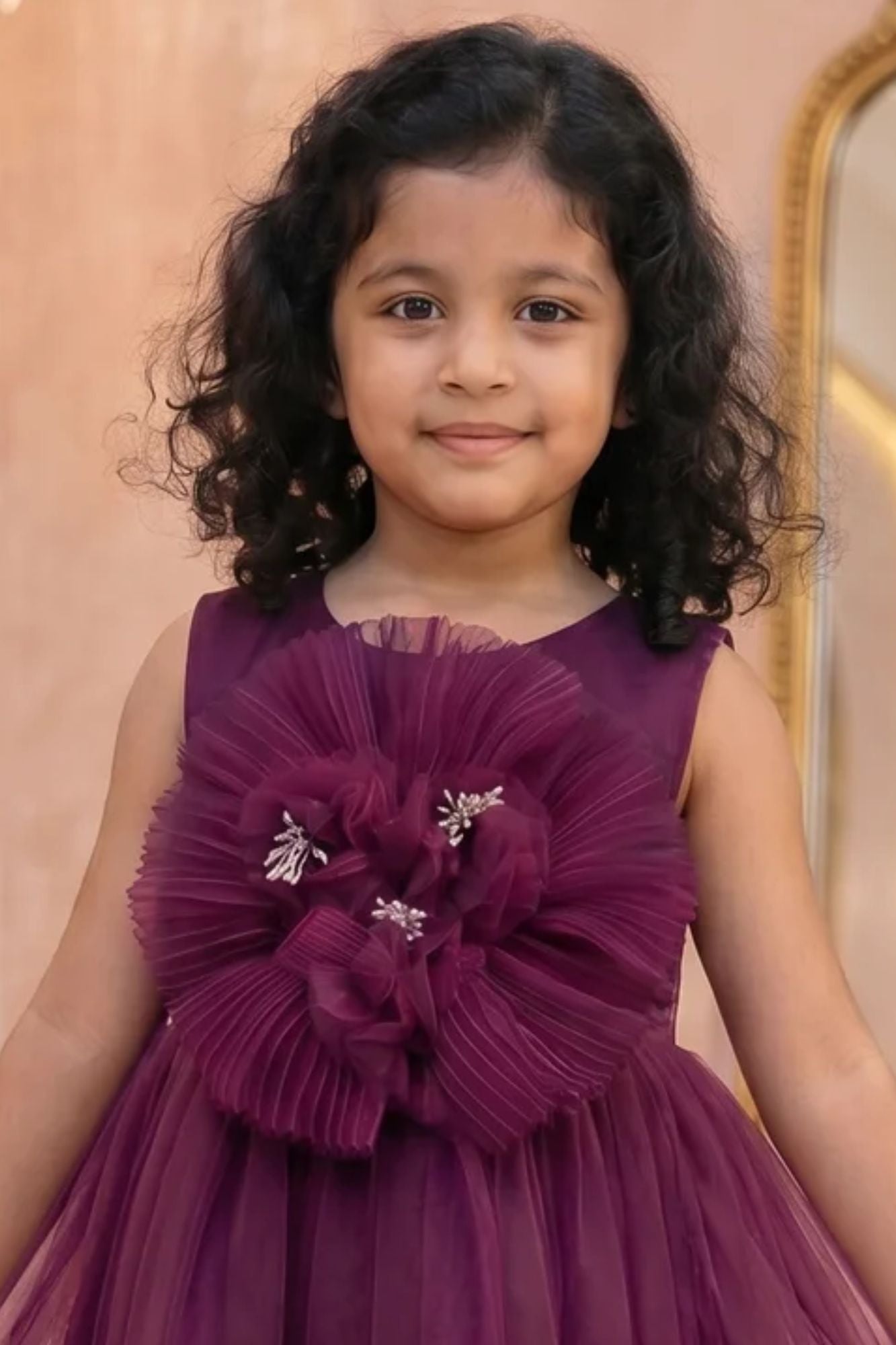 Wine Party Frock with Oversized Floral Appliqué For Girls