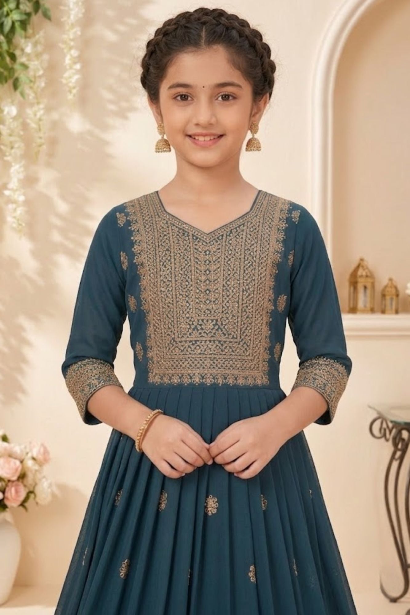 Teal Embroidered Anarkali Ethnic Gown with Dupatta For Girls