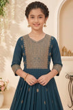 Teal Embroidered Anarkali Ethnic Gown with Dupatta For Girls