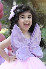 Pink Tulle Tailback Party Wear Frock With 3D Butterfly Embellishment For Girls