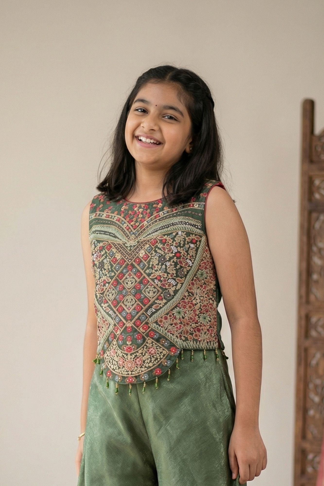 Olive Green Palazzo Set with Heavy Multicolor Embroidered Top For Girls