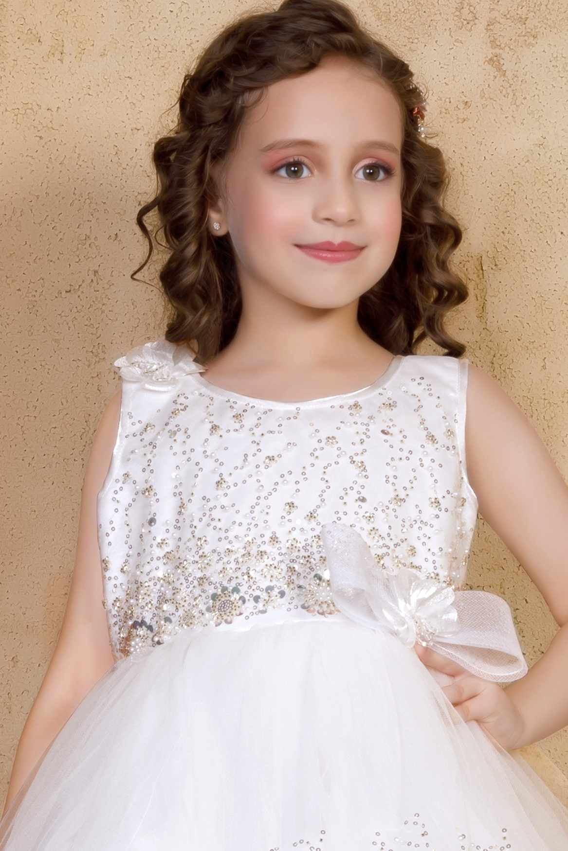 White Sequin Party Wear Frock With Bow For Girls