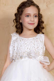 White Sequin Party Wear Frock With Bow For Girls