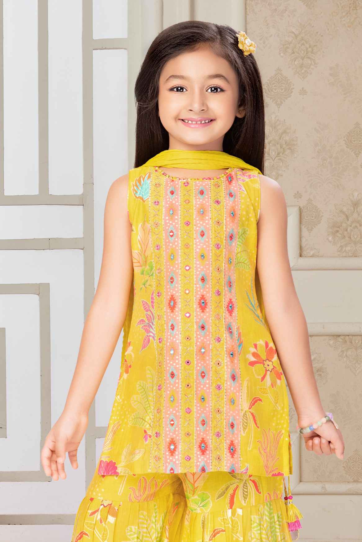 Mustard Sleeveless And Mirror Embroidery With Floral Printed Sharara Set For Girls