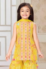 Mustard Sleeveless And Mirror Embroidery With Floral Printed Sharara Set For Girls