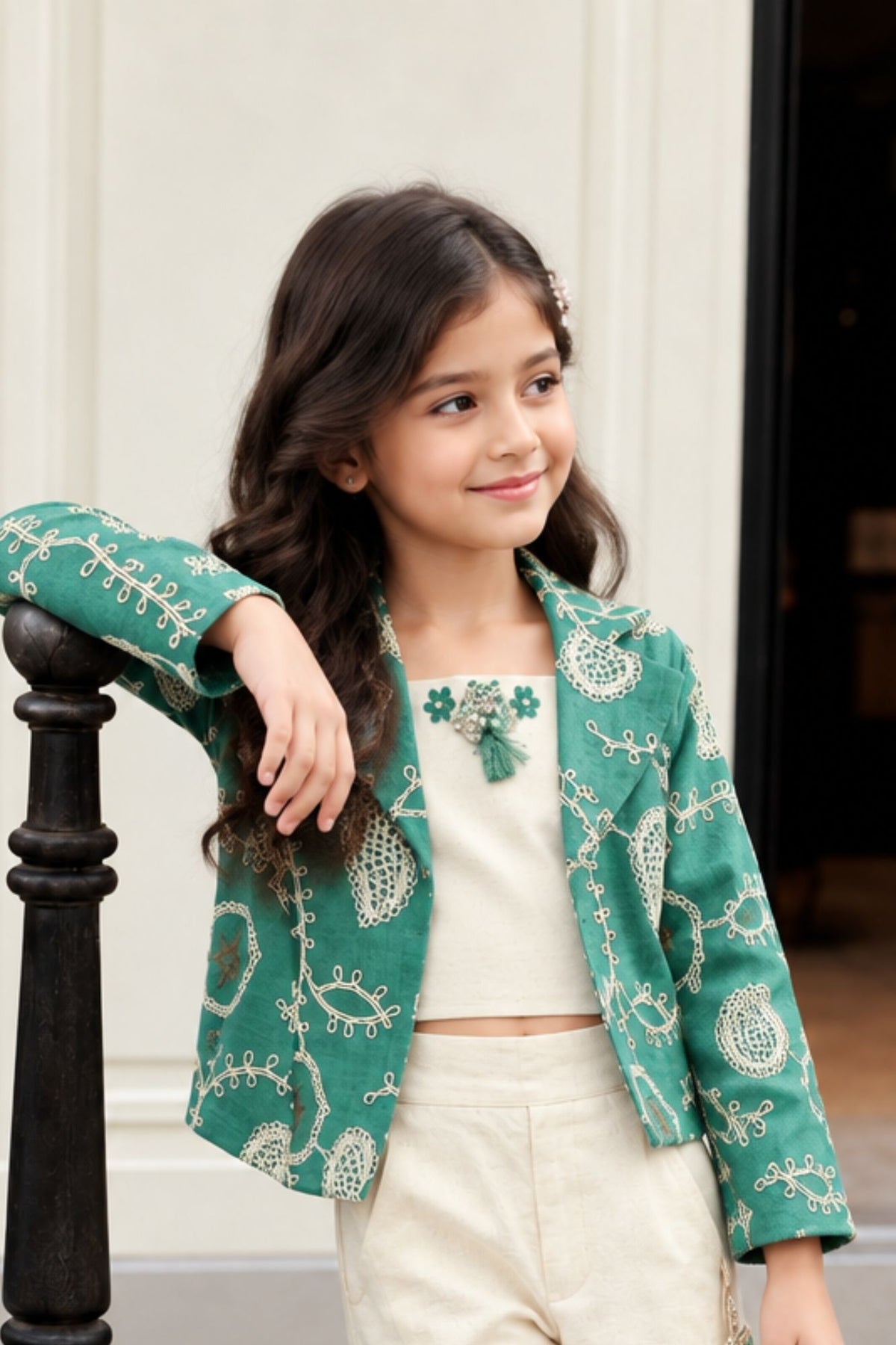 Sea Green Embroidered Jacket & Cream Co-Ord Set For Girls