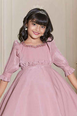 Onion Pink Sequin Frock With Puffed Sleeves For Girls