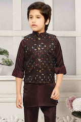 Classic Wine Kurta Set With Embroidered Overcoat For Boys