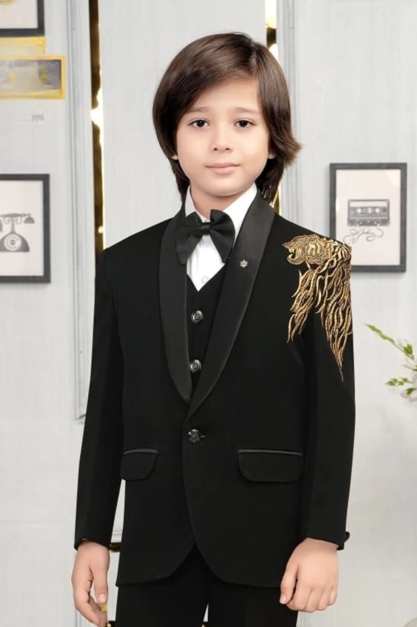 Designer Black Suit with Gold Thread Embroidery And Satin Lapel For Boys