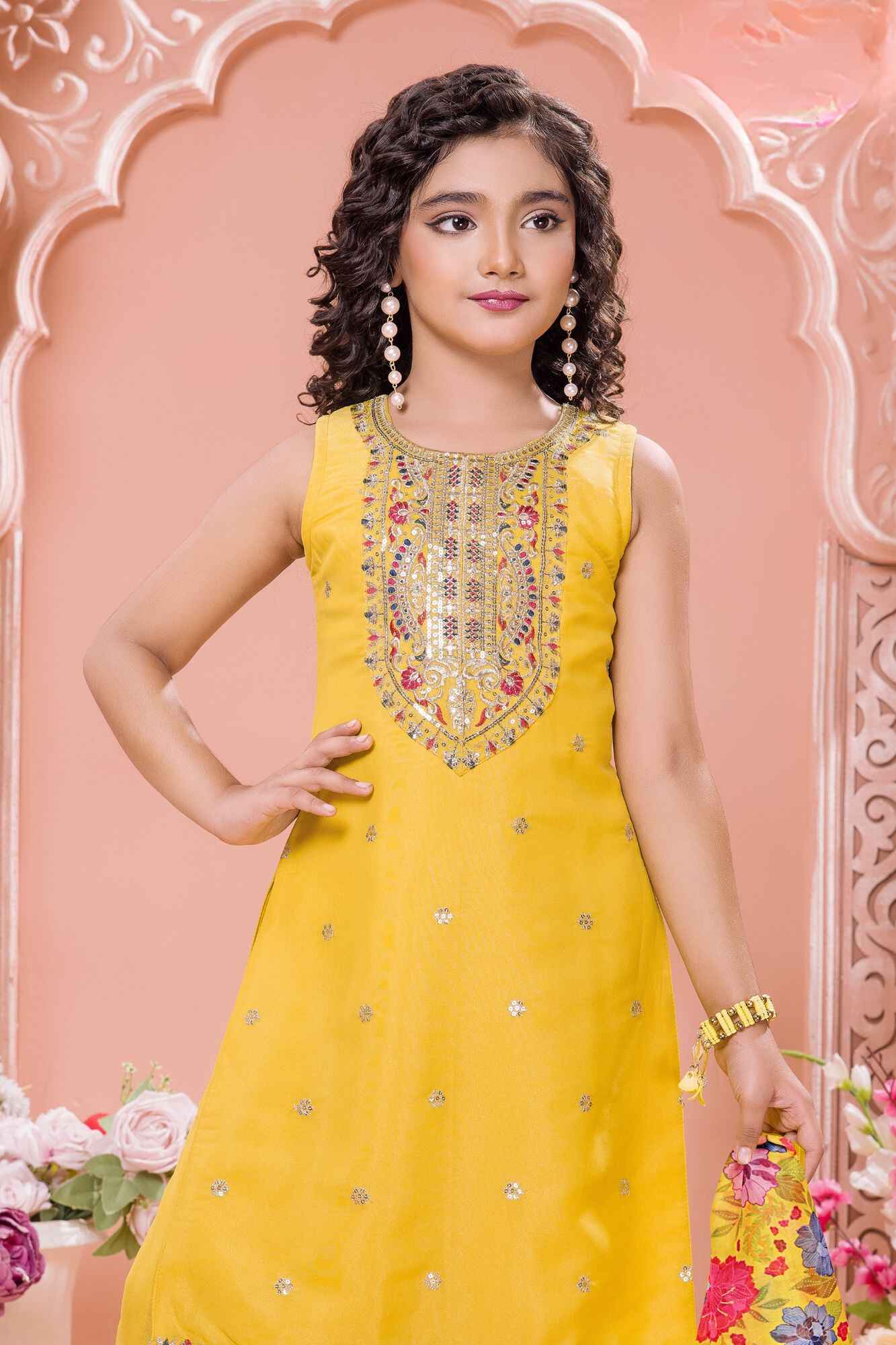Yellow Embroidered Kurta Set with Floral Printed Dupatta For Girls