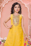 Yellow Embroidered Kurta Set with Floral Printed Dupatta For Girls