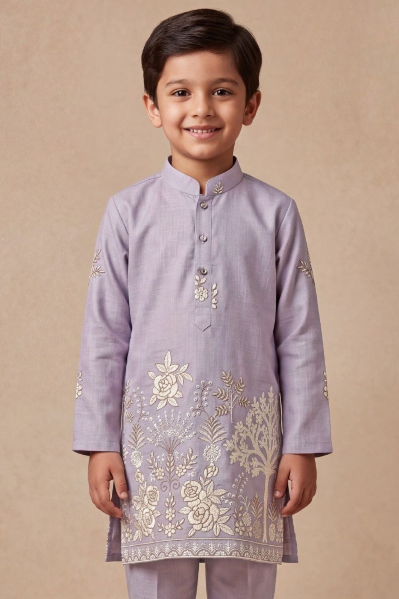 Boys Lavender Kurta Pajama Set With Floral Thread Embroidery